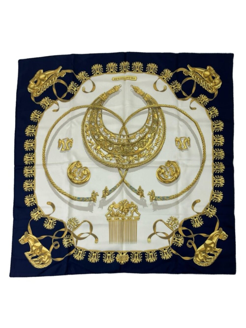 Hermes Carre 90 Yellow Golden Knight Navy White Scarf - Picture 2 of 5